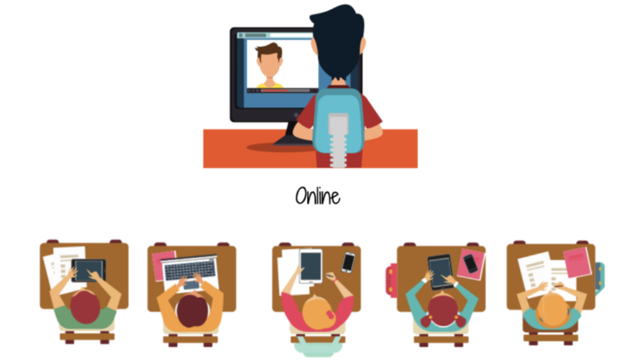 vector drawings of a teacher doing online classes and students attending online classes